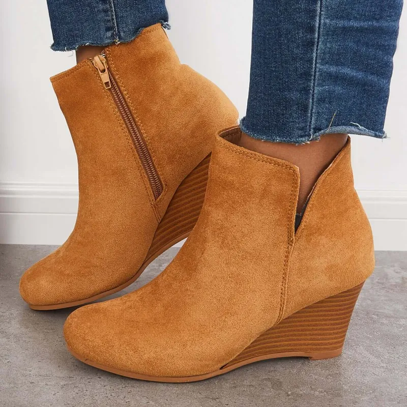 Cutout Ankle Wedge Booties V-cut Stacked Heel Boots sold by Tinstree