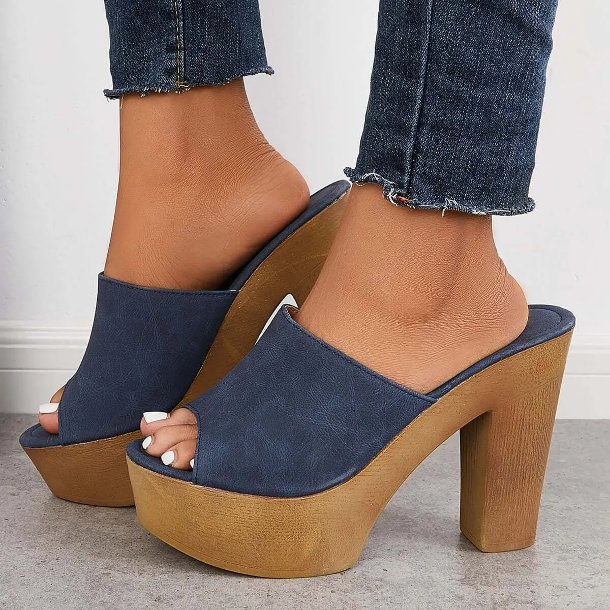 Peep Toe Slip on Platform Chunky Mules High Heel Slide Sandals sold by Tinstree