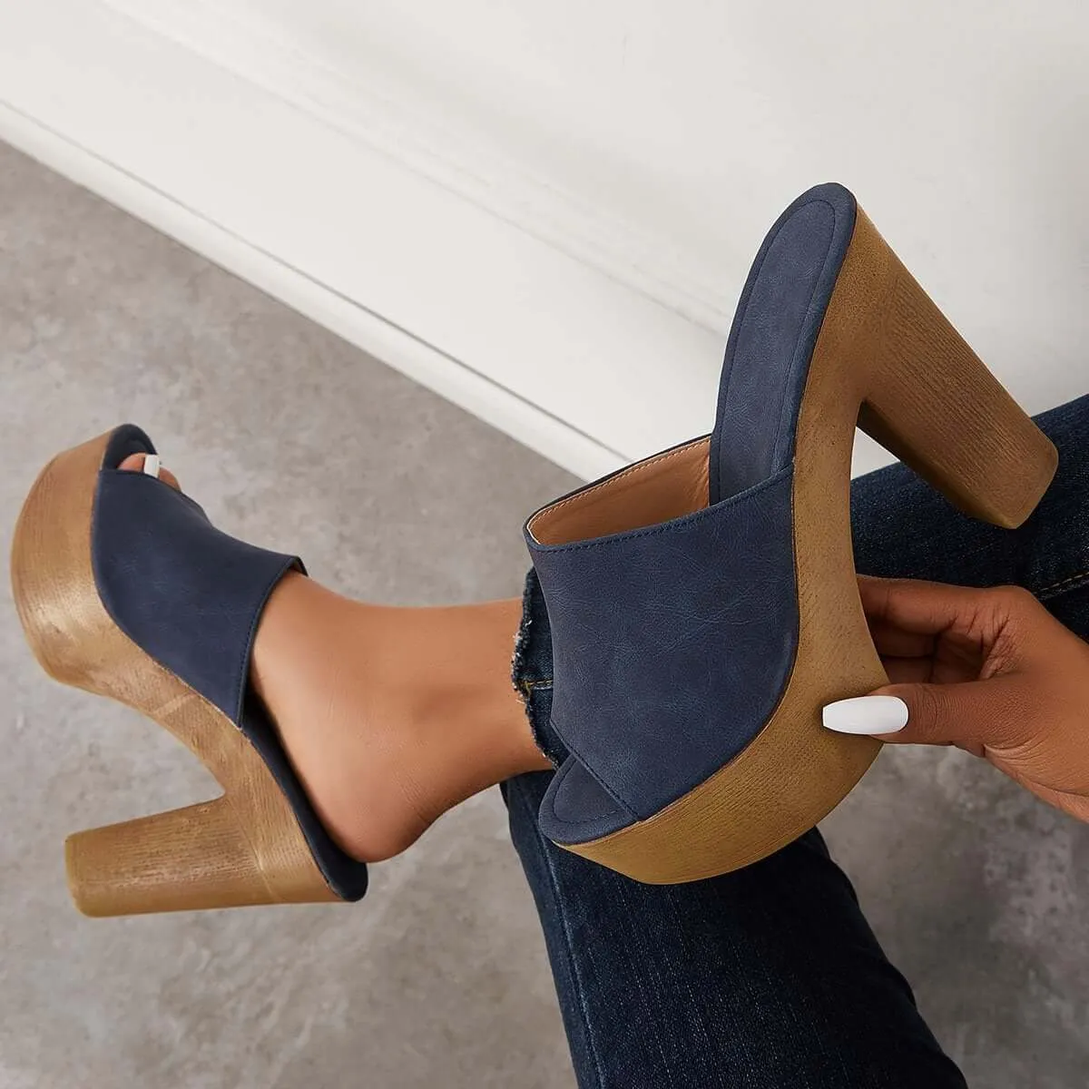 Peep Toe Slip on Platform Chunky Mules High Heel Slide Sandals sold by Tinstree product image thumbnail 5