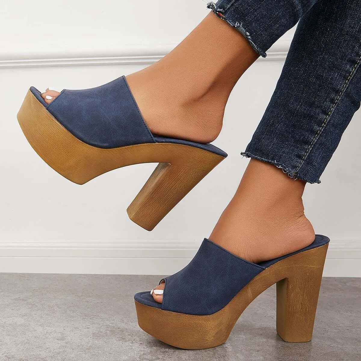 Peep Toe Slip on Platform Chunky Mules High Heel Slide Sandals sold by Tinstree product image thumbnail 4