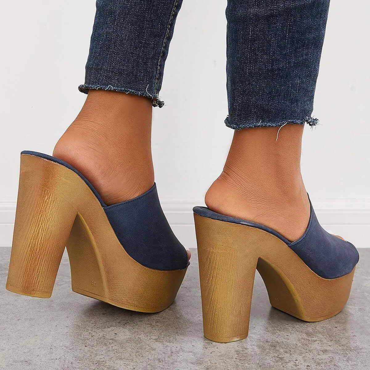 Peep Toe Slip on Platform Chunky Mules High Heel Slide Sandals sold by Tinstree product image thumbnail 3