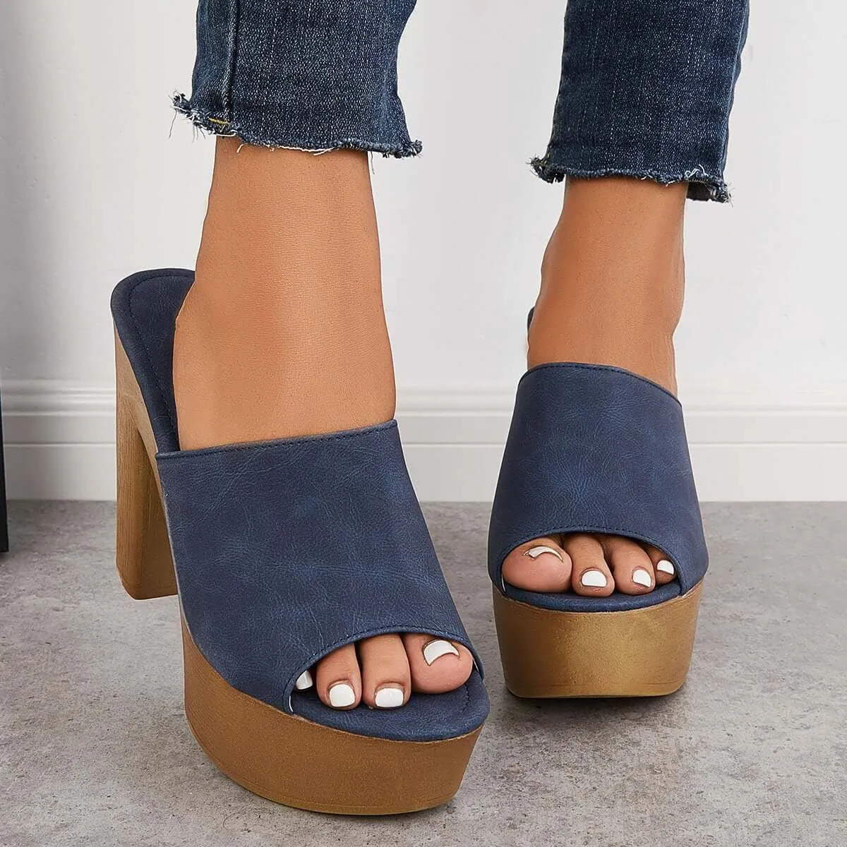 Peep Toe Slip on Platform Chunky Mules High Heel Slide Sandals sold by Tinstree product image thumbnail 2