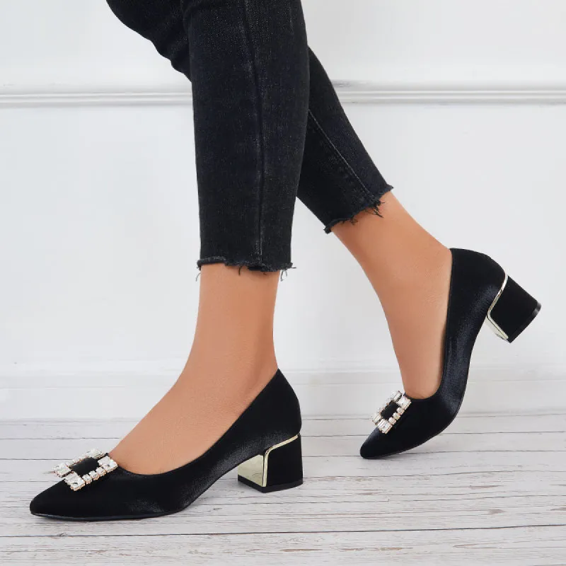 Buckle Block Low Heel Pumps Pointed Toe Solid Color Office Shoes sold by Tinstree