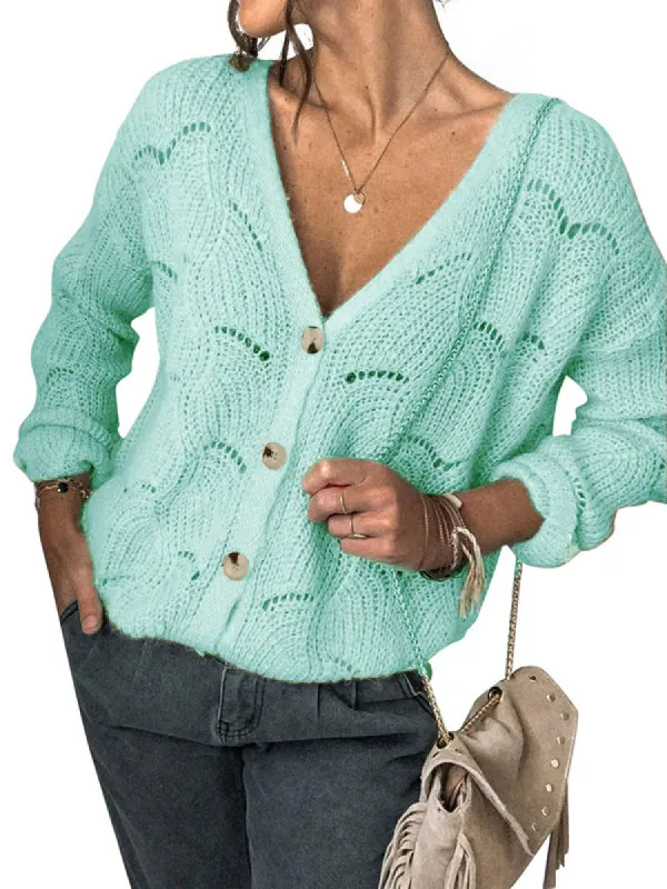 Women Long Sleeve Button Down Cardigan V Neck Classic Knit Casual Sweater sold by Tinstree