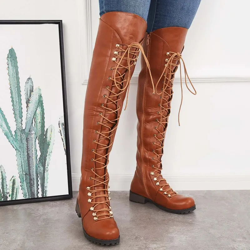 Chunky Heel Lace Up Over The Knee Thing High Riding Boots sold by Tinstree