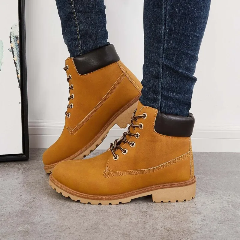 Classic Lace Up Ankle Work Boots Block Heel Hiking Booties sold by Tinstree