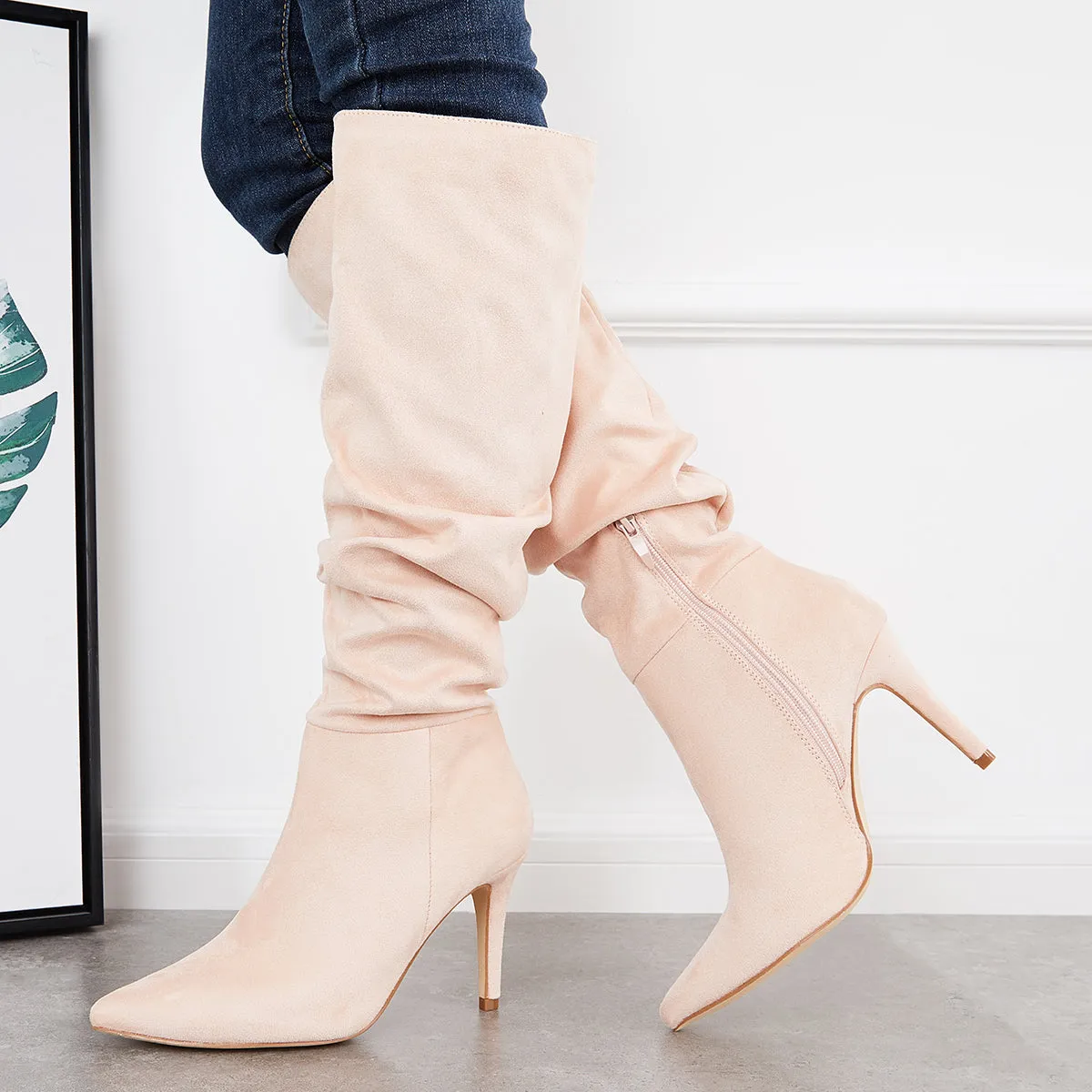 Slouchy Suede Knee High Boots Pointed Toe Stiletto Heel Tall Boots sold by Tinstree