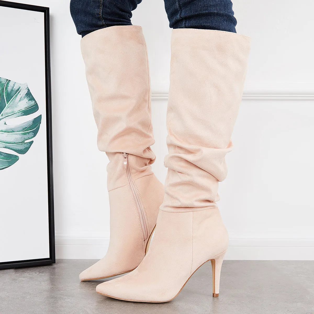 Slouchy Suede Knee High Boots Pointed Toe Stiletto Heel Tall Boots sold by Tinstree product image thumbnail 2