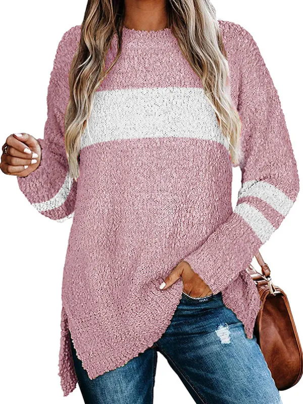 Women Lightweight Fleece Knitted Texture Long Sleeve Split Hem Pullover Sweaters sold by Tinstree