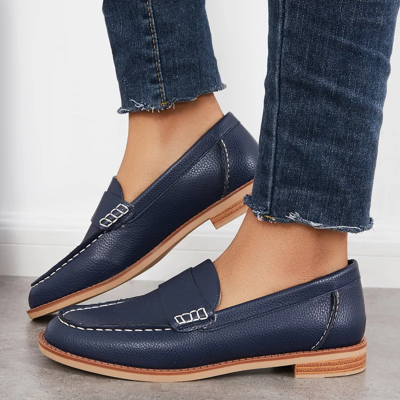 Retro Round Toe Penny Loafers Low Heel Slip on Walking Shoes sold by Tinstree