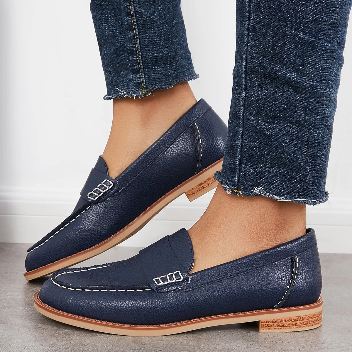 Retro Round Toe Penny Loafers Low Heel Slip on Walking Shoes sold by Tinstree