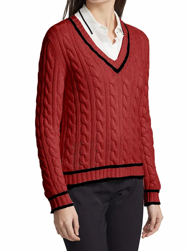 Women V Neck Sweater Long Sleeve Cable Knit Pullover Jumper Tops sold by Tinstree