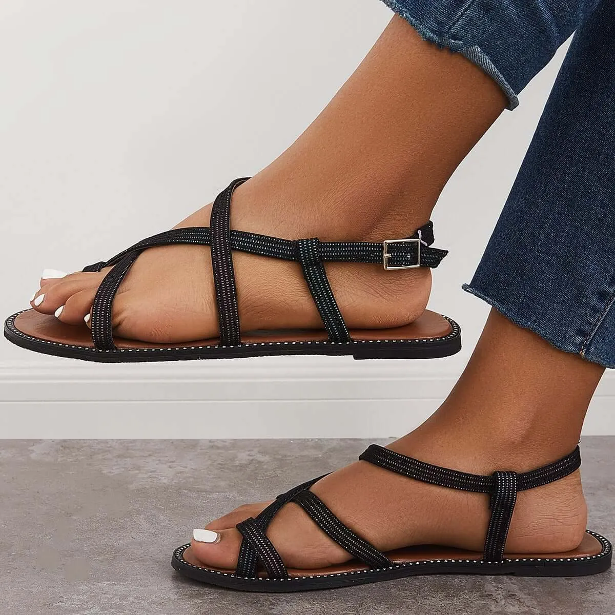 Retro Toe Ring Criss Cross Strappy Sandals Flat Ankle Strap Sandals sold by Tinstree product image thumbnail 3