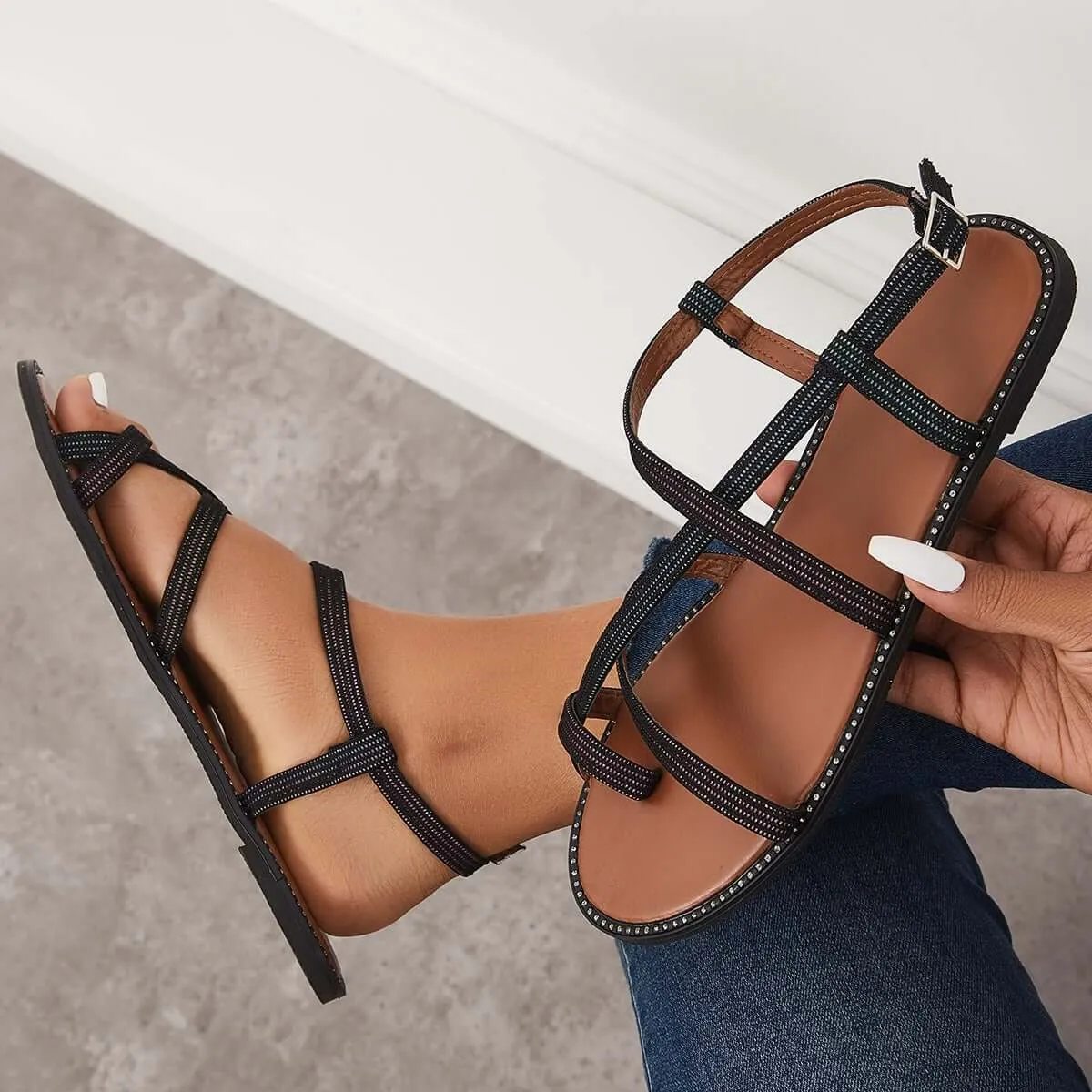 Retro Toe Ring Criss Cross Strappy Sandals Flat Ankle Strap Sandals sold by Tinstree product image thumbnail 4