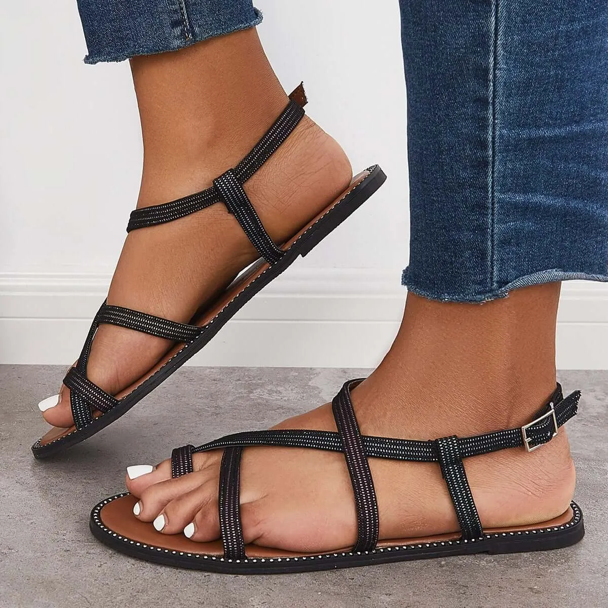 Retro Toe Ring Criss Cross Strappy Sandals Flat Ankle Strap Sandals sold by Tinstree