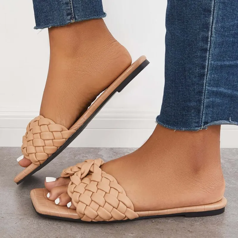 Square Toe Woven Flat Slippers Slide Sandals sold by Tinstree