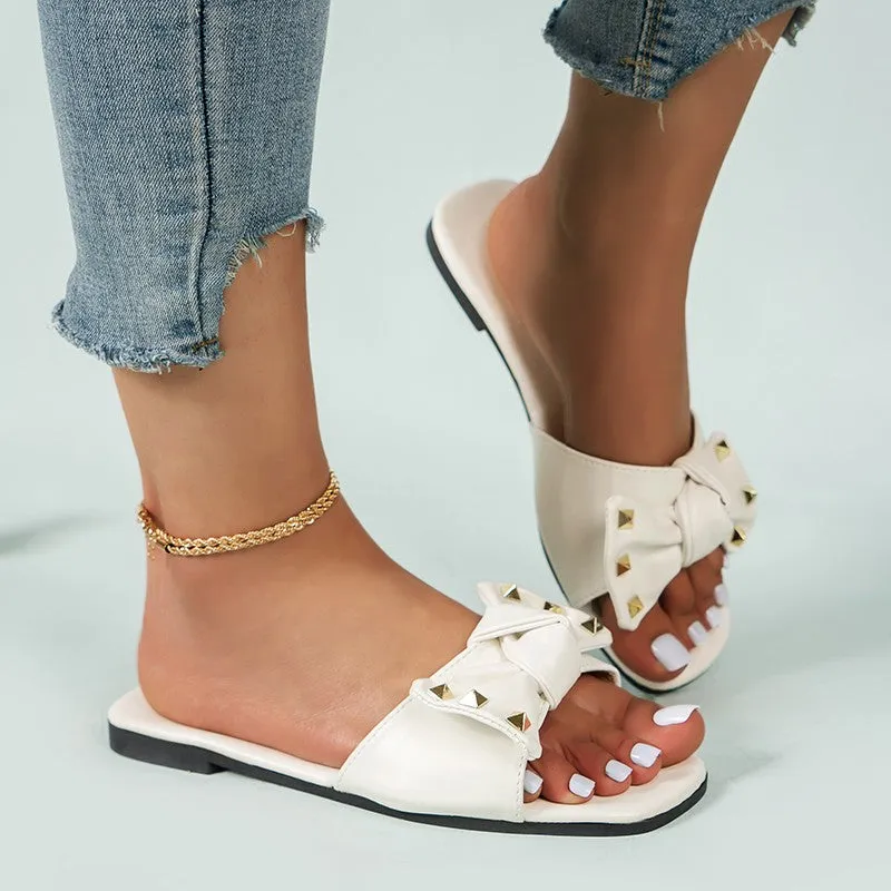 Bowknot Flat Slide Sandals Square Toe Beach Slippers sold by Tinstree