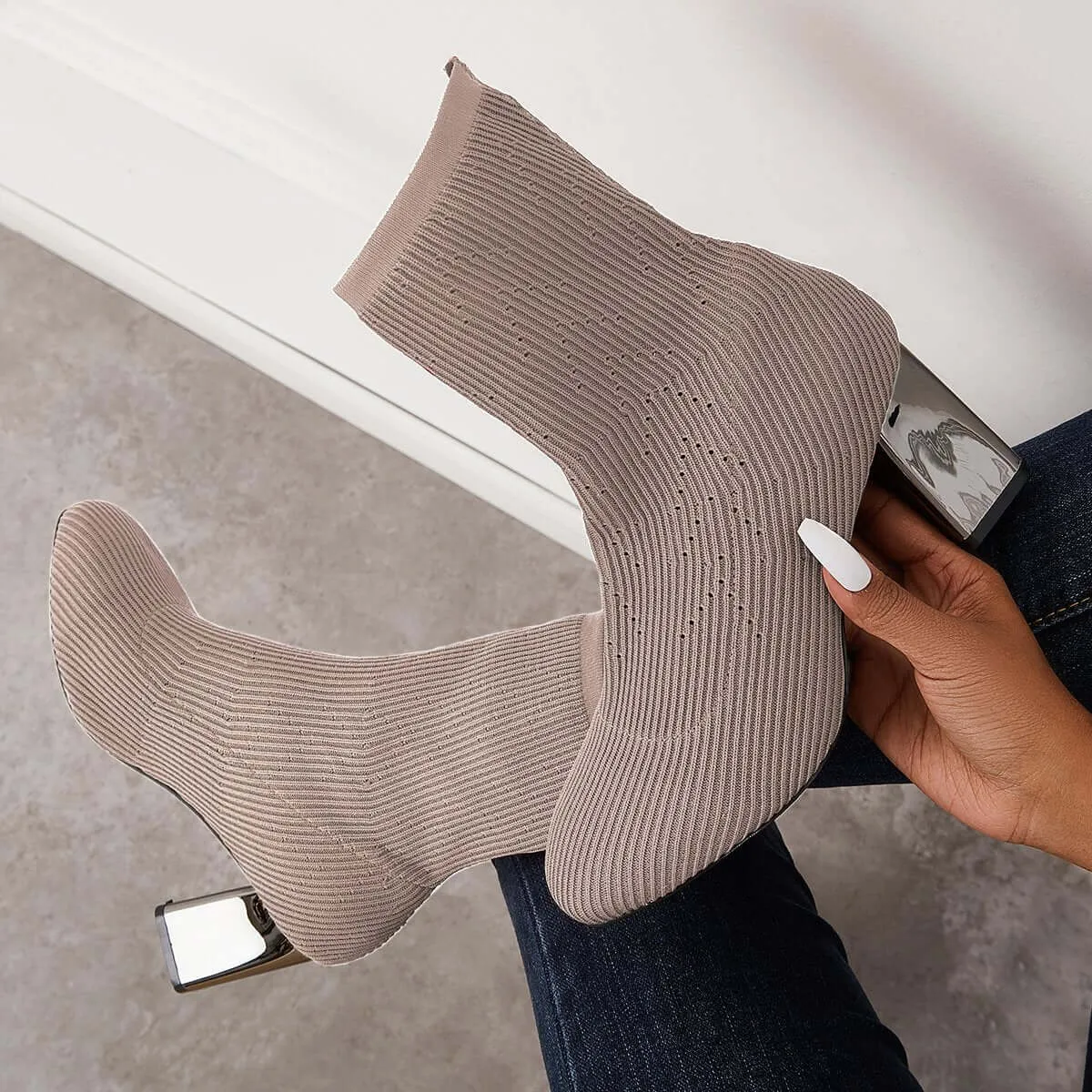 Stretch Knit Chunky Heel Sock Boots Slip on Ankle Booties sold by Tinstree product image thumbnail 4
