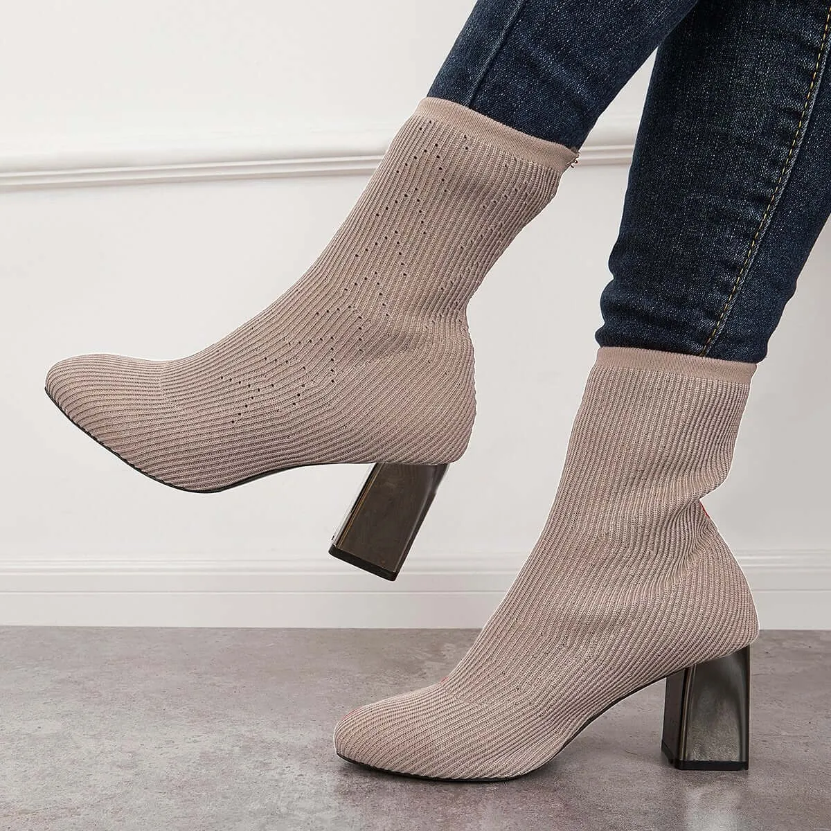 Stretch Knit Chunky Heel Sock Boots Slip on Ankle Booties sold by Tinstree product image thumbnail 3