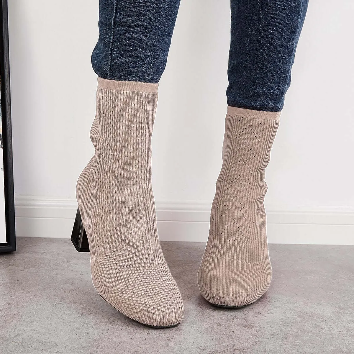 Stretch Knit Chunky Heel Sock Boots Slip on Ankle Booties sold by Tinstree product image thumbnail 2