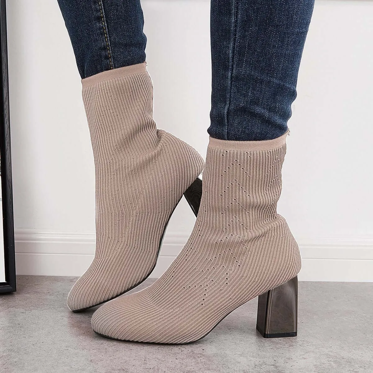 Stretch Knit Chunky Heel Sock Boots Slip on Ankle Booties sold by Tinstree