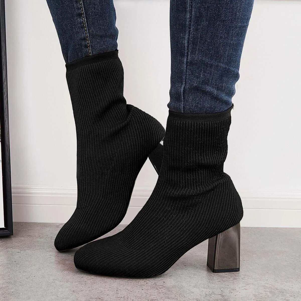 Stretch Knit Chunky Heel Sock Boots Slip on Ankle Booties sold by Tinstree product image thumbnail 5