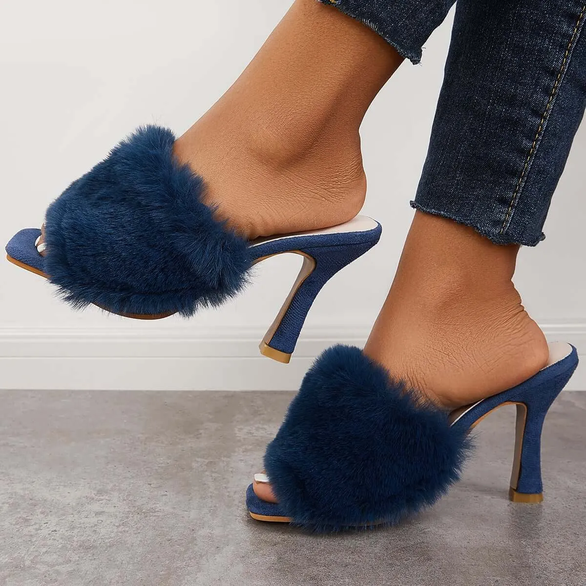 Furry Square Toe Backless Mules High Heels Slip on Sandals sold by Tinstree product image thumbnail 4