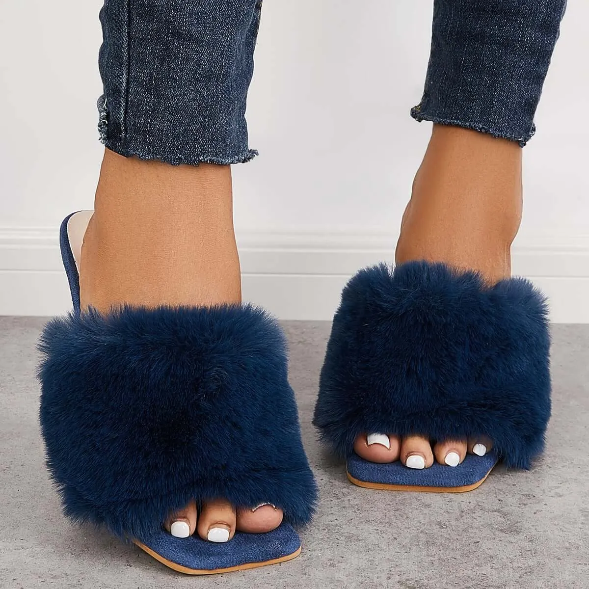 Furry Square Toe Backless Mules High Heels Slip on Sandals sold by Tinstree product image thumbnail 2
