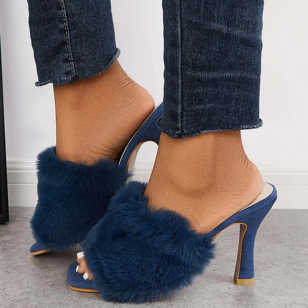 Furry Square Toe Backless Mules High Heels Slip on Sandals sold by Tinstree