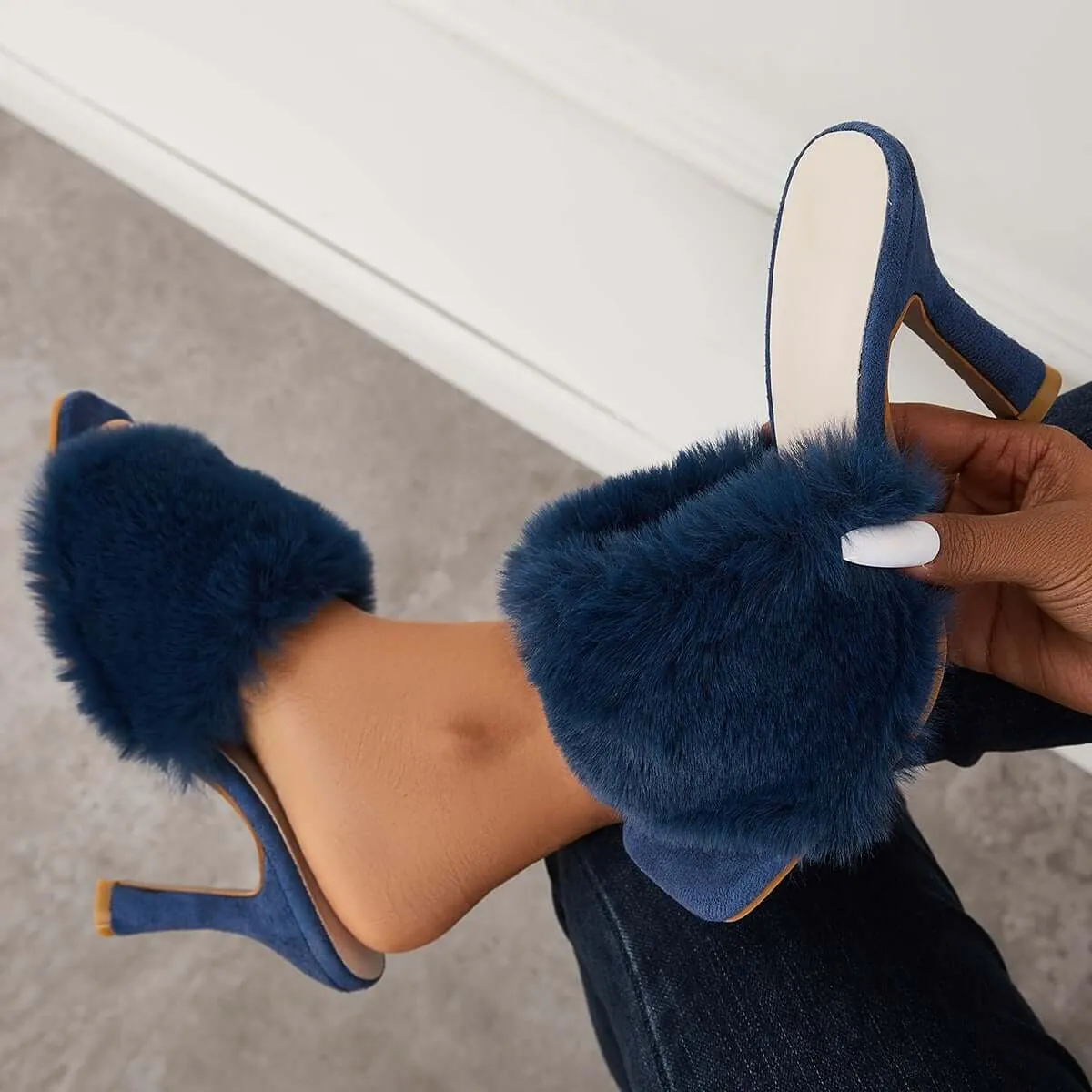 Furry Square Toe Backless Mules High Heels Slip on Sandals sold by Tinstree product image thumbnail 5