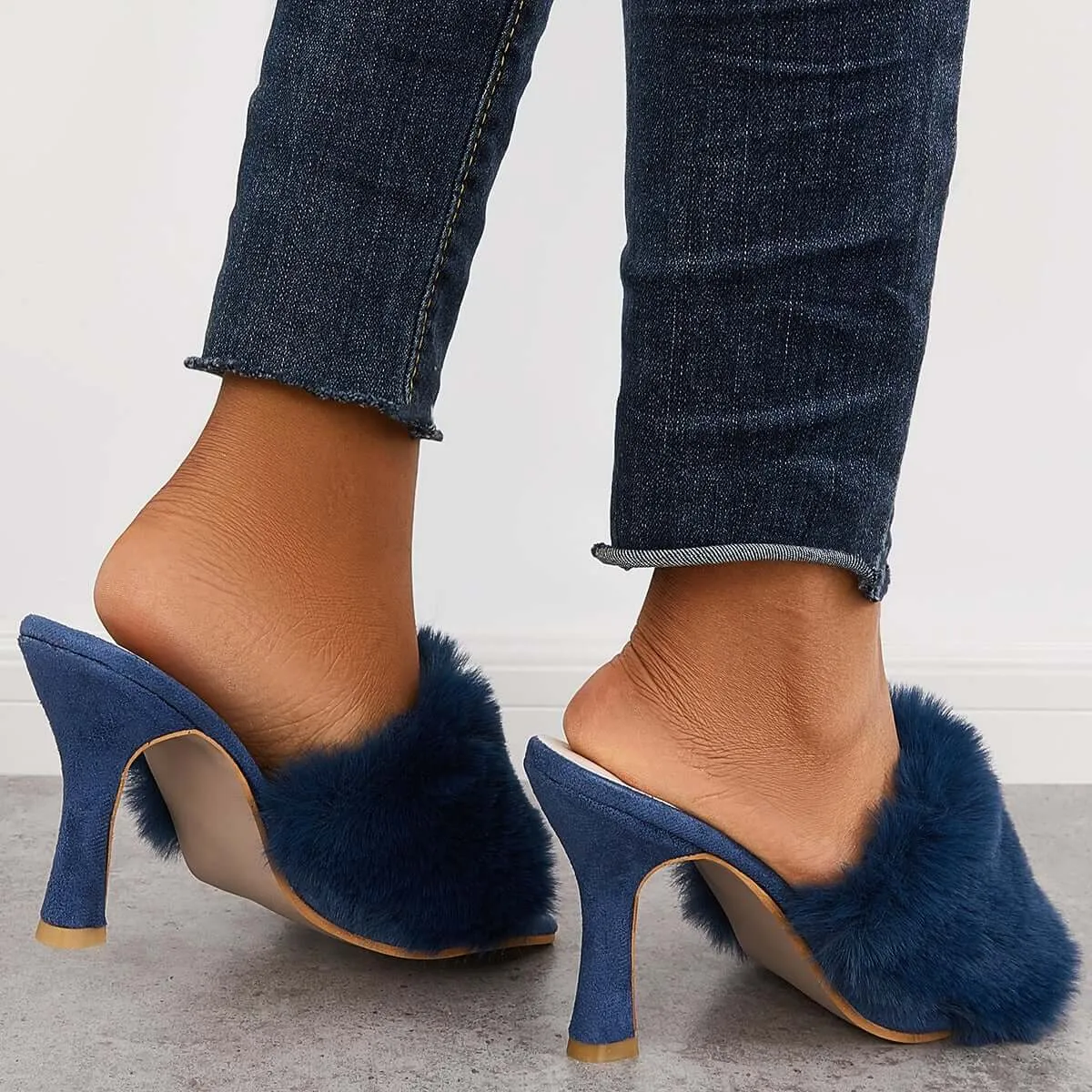 Furry Square Toe Backless Mules High Heels Slip on Sandals sold by Tinstree product image thumbnail 3