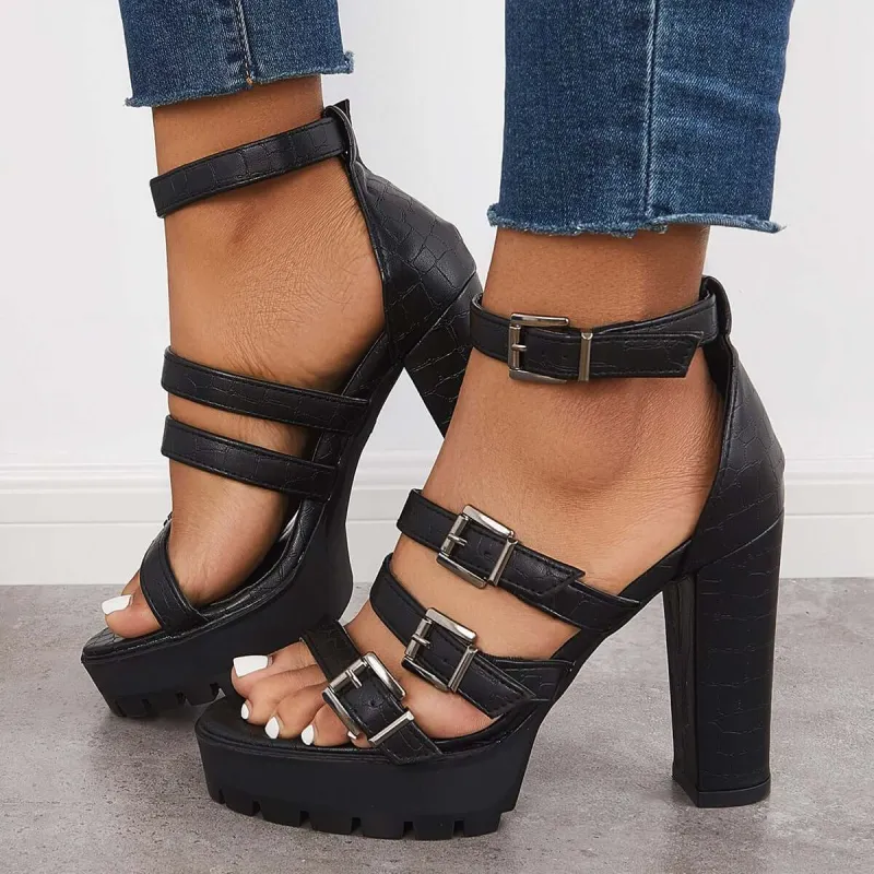 Gothic Black Platform Chunky High Heels Buckle Strappy Dress Sandals sold by Tinstree