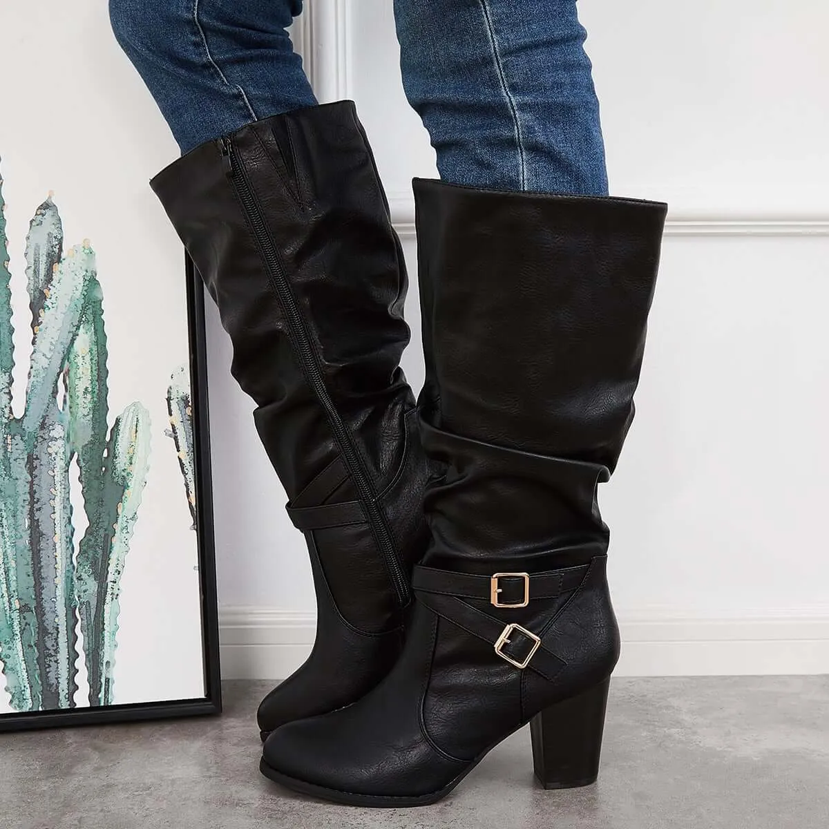 Western Knee High Riding Boots Wide Calf Chunky Heel Boots sold by Tinstree product image thumbnail 4