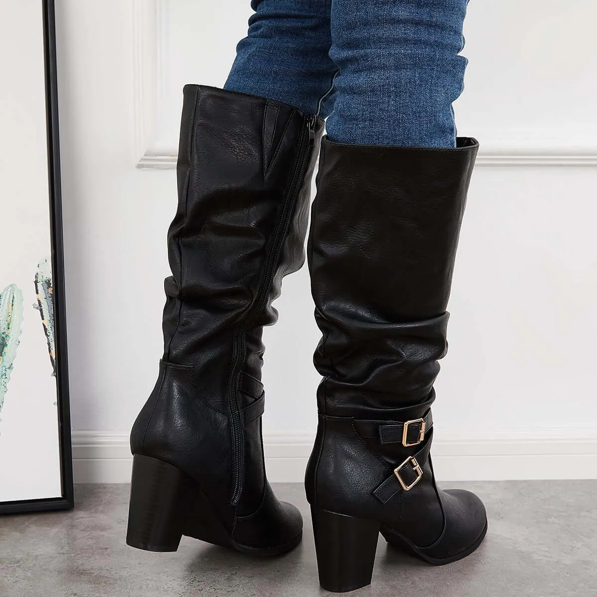 Western Knee High Riding Boots Wide Calf Chunky Heel Boots sold by Tinstree product image thumbnail 5