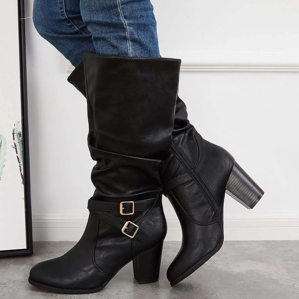 Western Knee High Riding Boots Wide Calf Chunky Heel Boots sold by Tinstree product image thumbnail 3