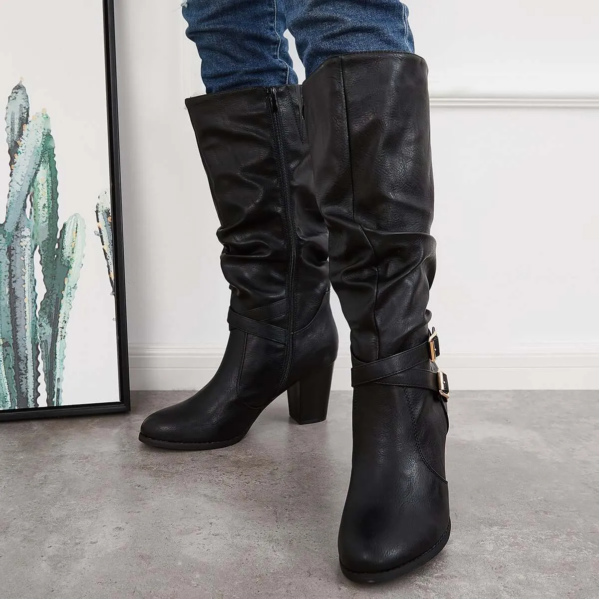 Western Knee High Riding Boots Wide Calf Chunky Heel Boots sold by Tinstree product image thumbnail 2