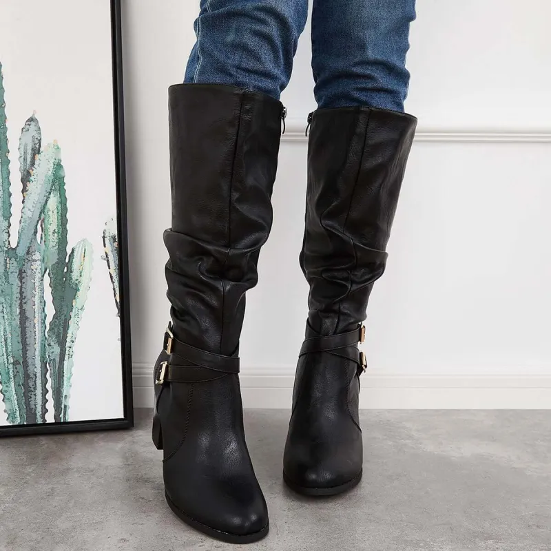 Western Knee High Riding Boots Wide Calf Chunky Heel Boots sold by Tinstree