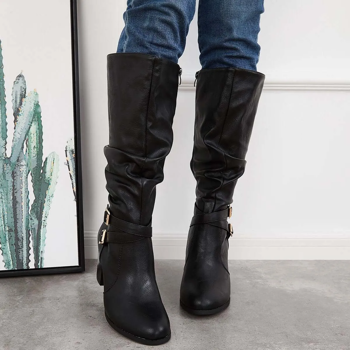 Western Knee High Riding Boots Wide Calf Chunky Heel Boots sold by Tinstree