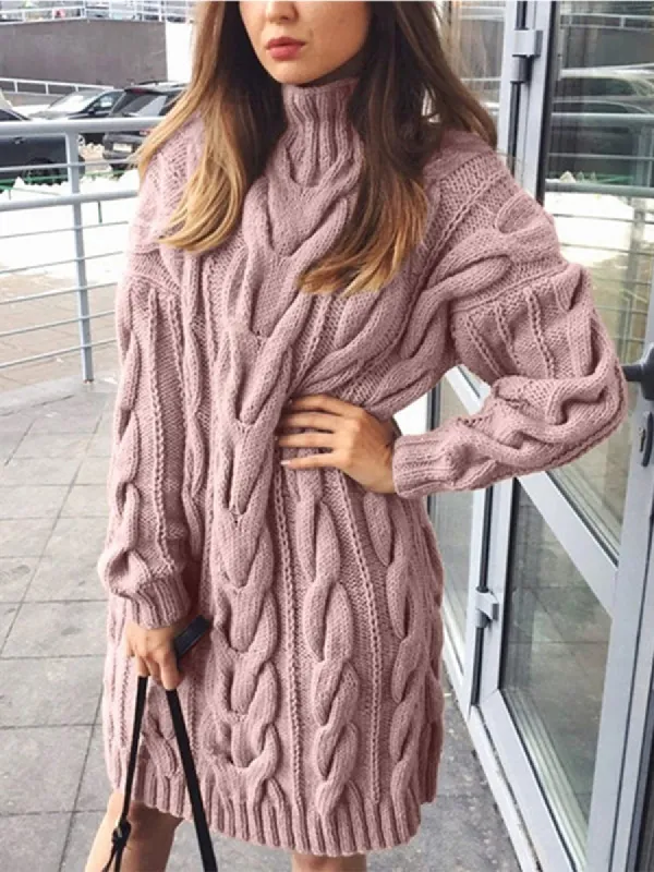 Women Turtleneck Sweater Dress Long Sleeve Chunky Cable Knit Pullover Sweater Dress sold by Tinstree