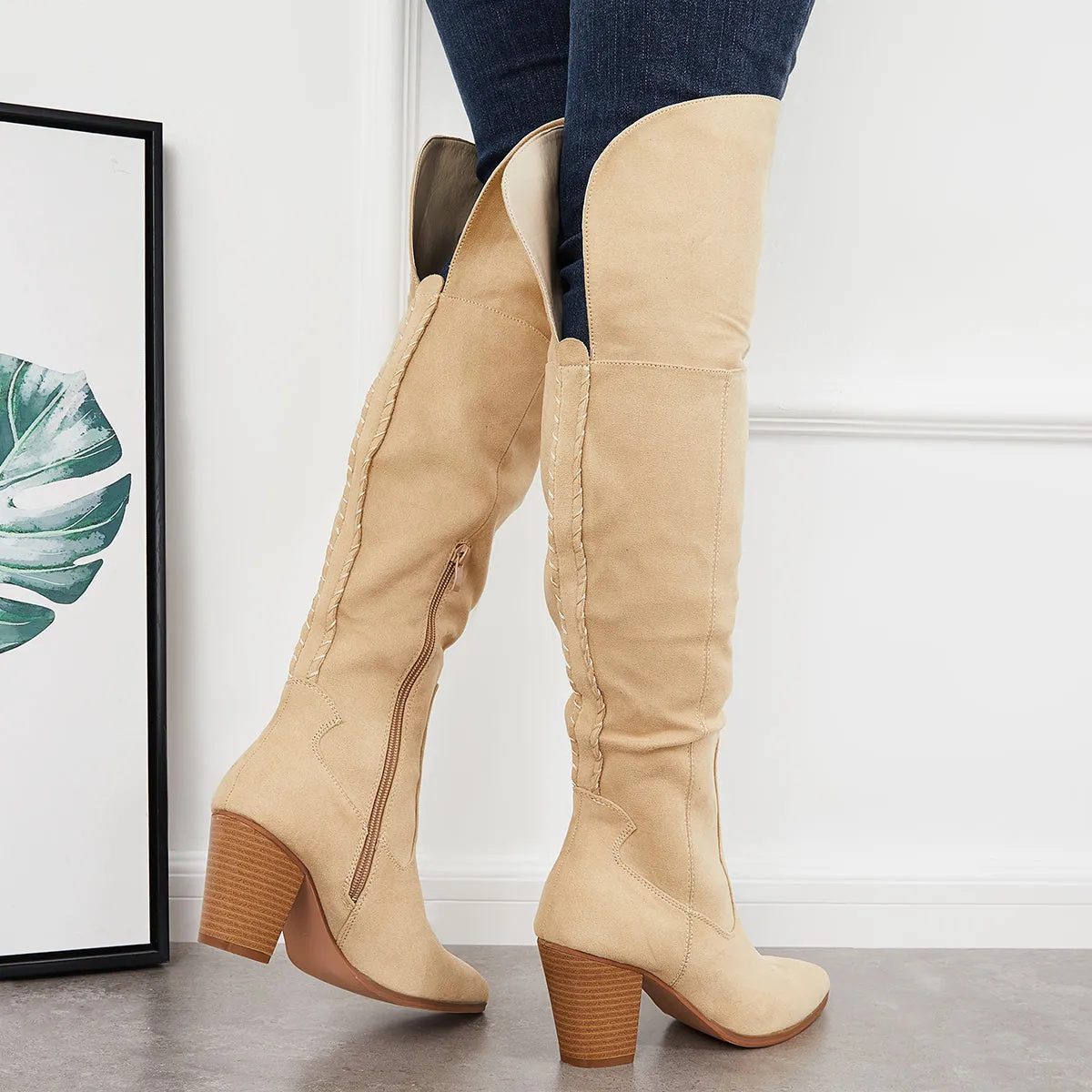 Women Over The Knee Long Boots Chunky Block Heel Cowboy Riding Boots sold by Tinstree product image thumbnail 5