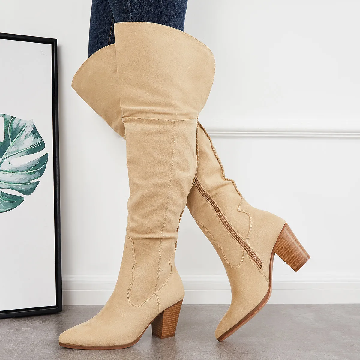 Women Over The Knee Long Boots Chunky Block Heel Cowboy Riding Boots sold by Tinstree