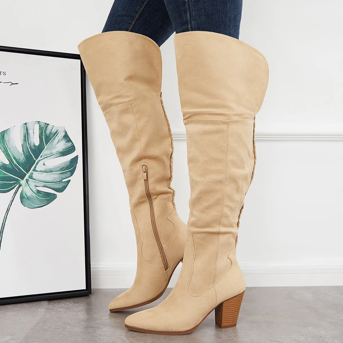 Women Over The Knee Long Boots Chunky Block Heel Cowboy Riding Boots sold by Tinstree product image thumbnail 4