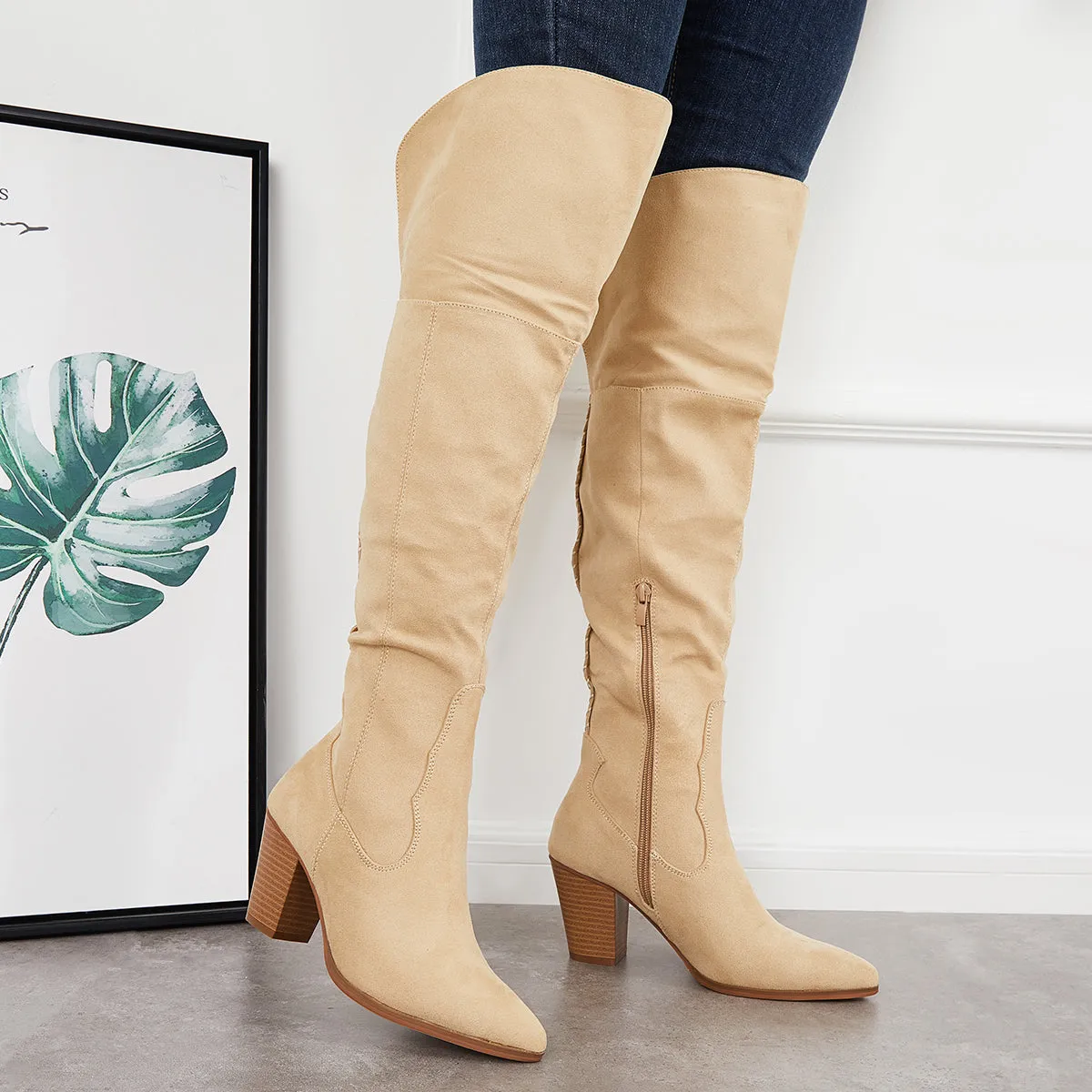 Women Over The Knee Long Boots Chunky Block Heel Cowboy Riding Boots sold by Tinstree product image thumbnail 2