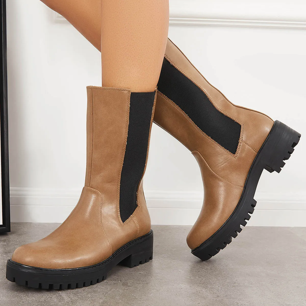 Cleated Platform Lug Sole Mid Calf Chelsea Block Heel Boots sold by Tinstree product image thumbnail 3