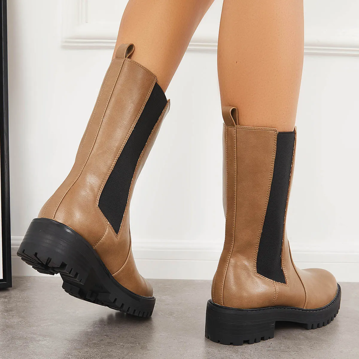Cleated Platform Lug Sole Mid Calf Chelsea Block Heel Boots sold by Tinstree product image thumbnail 4