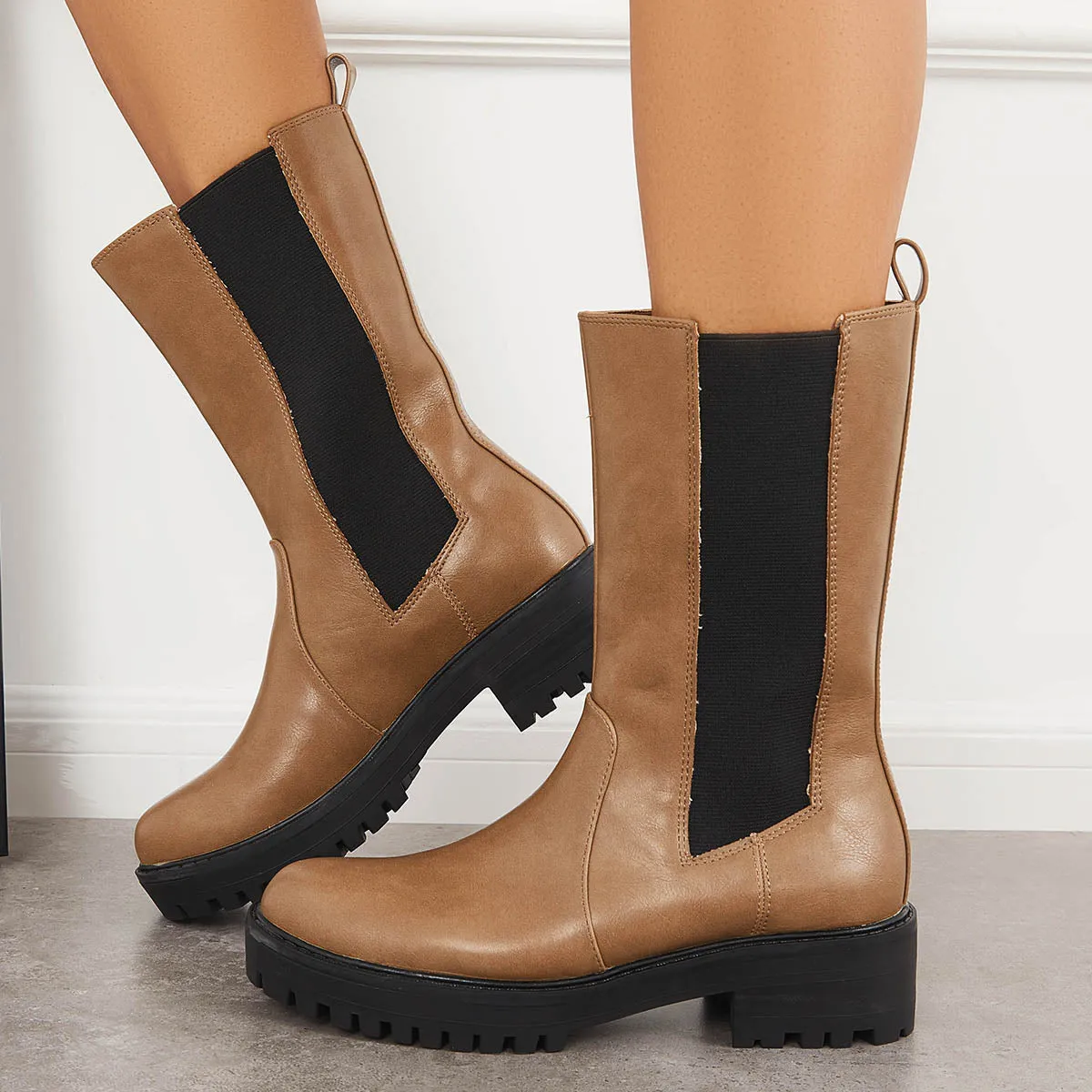 Cleated Platform Lug Sole Mid Calf Chelsea Block Heel Boots sold by Tinstree product image thumbnail 2