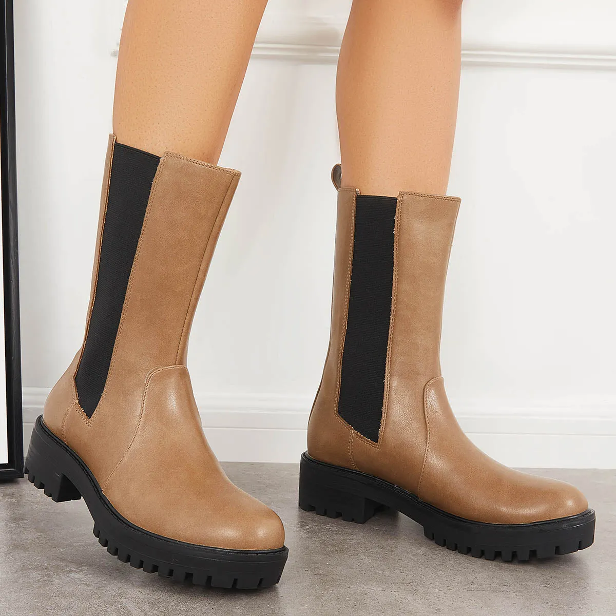 Cleated Platform Lug Sole Mid Calf Chelsea Block Heel Boots sold by Tinstree