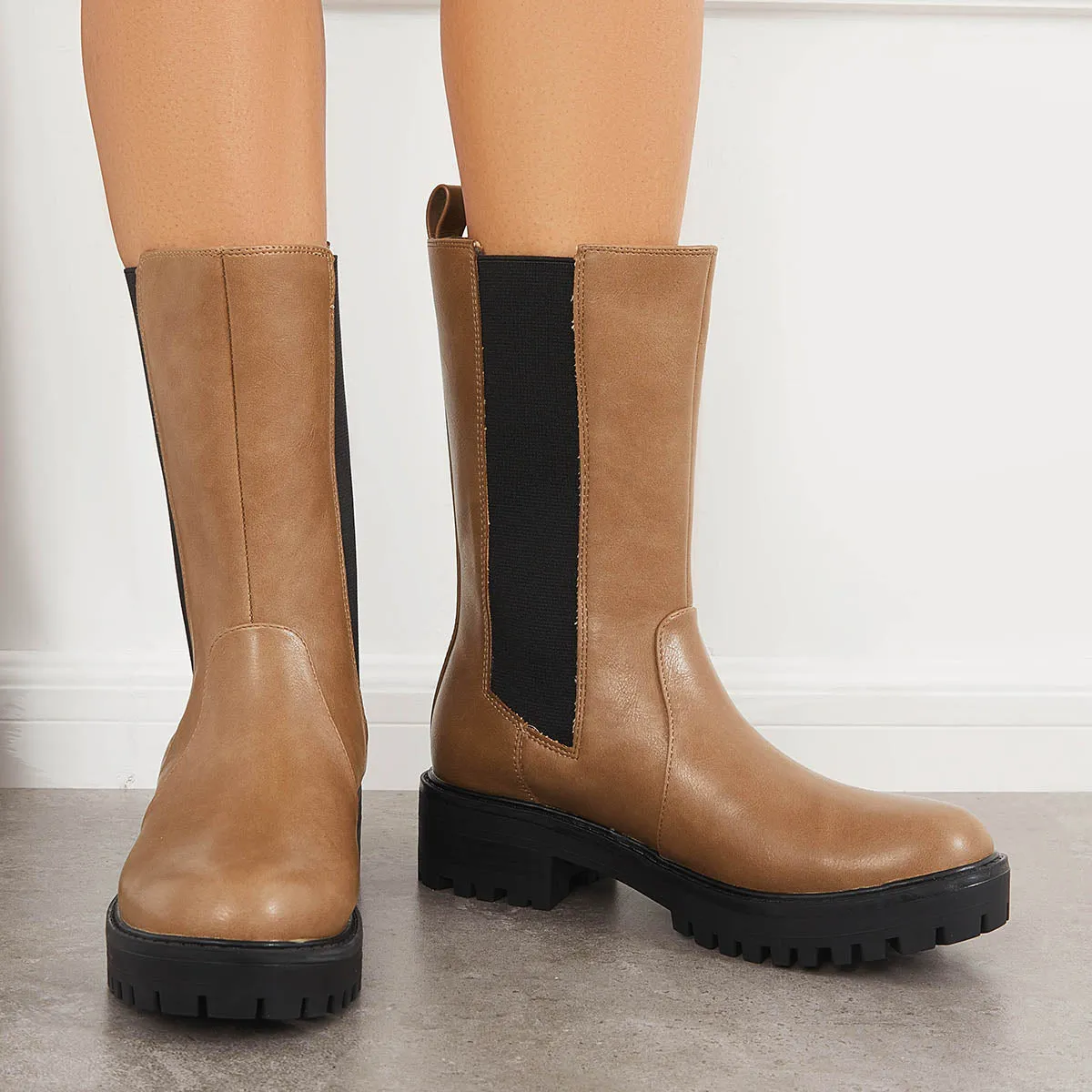 Cleated Platform Lug Sole Mid Calf Chelsea Block Heel Boots sold by Tinstree product image thumbnail 5