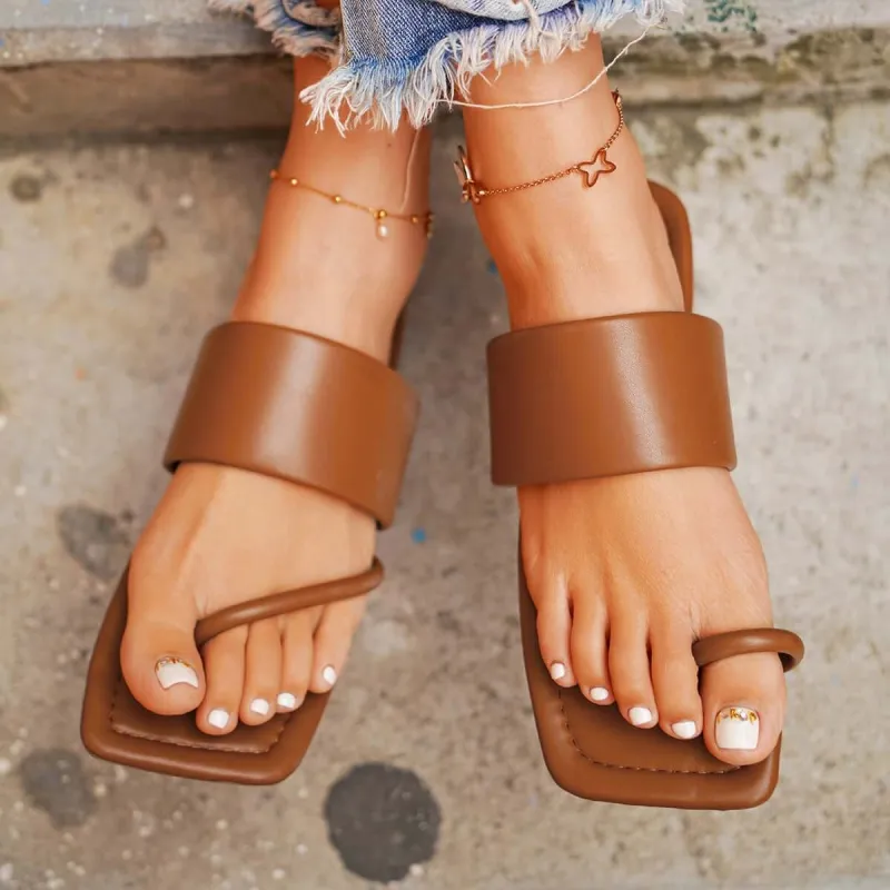 Square Toe Ring Sandals Flat Flip Flops Slippers sold by Tinstree