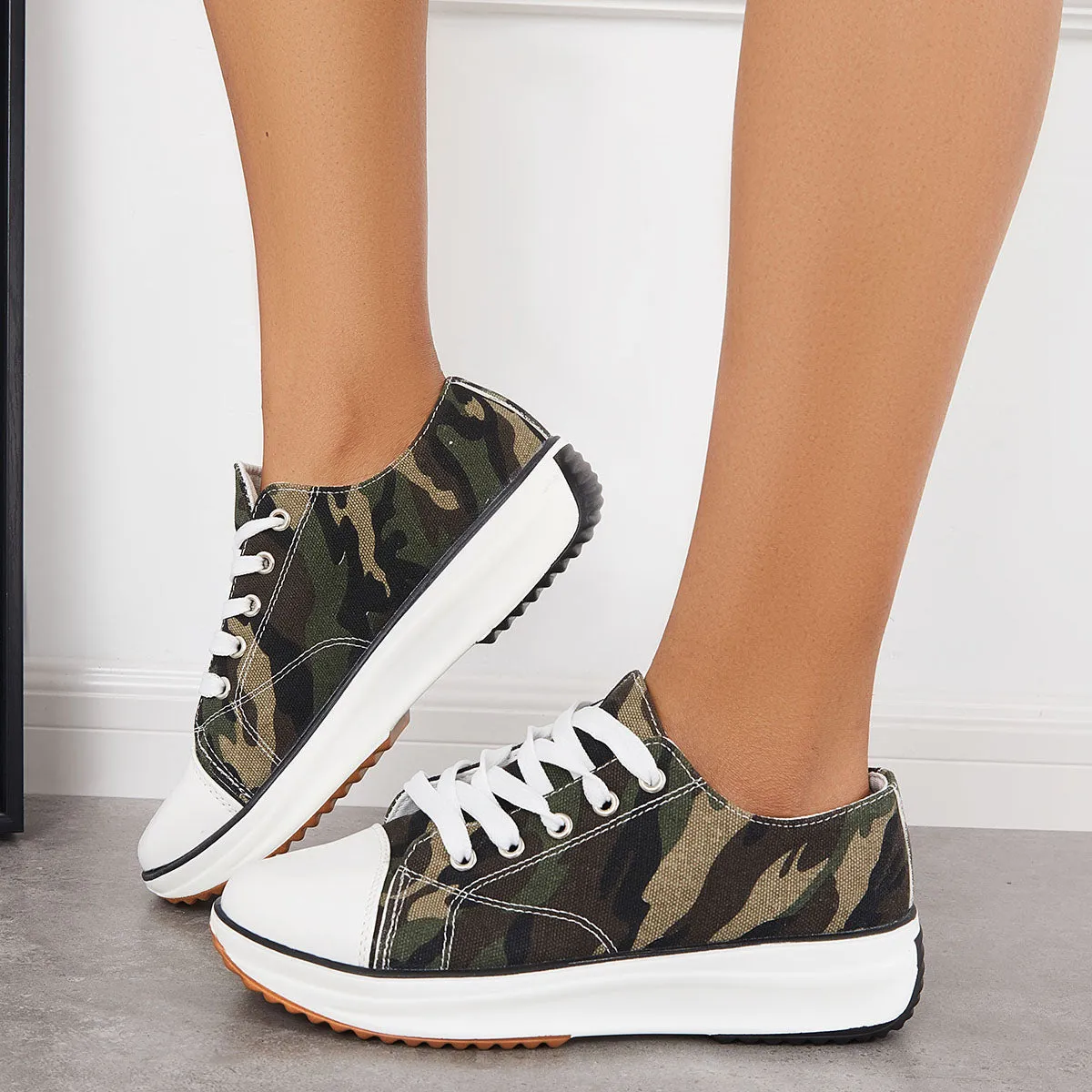 Women Platform Canvas Shoes Lace Up Low Top Sneakers sold by Tinstree